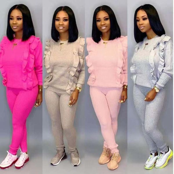 

designer womens tracksuits 2 pieces pants solid color ruffle long sleeved hooded tracksuits womens fashion sports suits, White