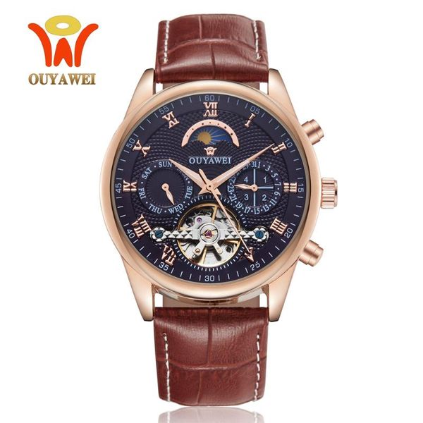 

gold automatic mechanical men watches fashion waterproof date calendar moon phase leather wristwatch relogio masculino, Slivery;brown