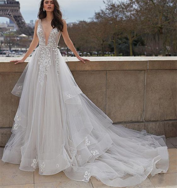 

3d flowers tulle boho wedding dresses 2019 deep v neckline open back handmade flowers boho wedding dress bridal gowns, White