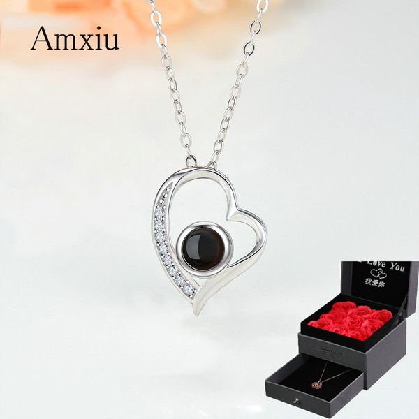 

amxiu handmade ожерелья стерлингового серебра 925 100 языков, я люблю тебя проекция ожерелье сердце циркон подвеска для женщин, Silver