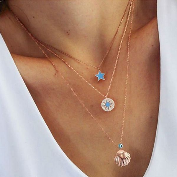 

1pc star seashell choker necklaces pendant chain jewelry gift multilayer necklace neck decoration for women lady, Silver