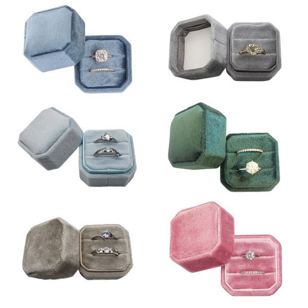 

velvet double ring box octagon wedding ceremony ring box with detachable lid, Pink;blue