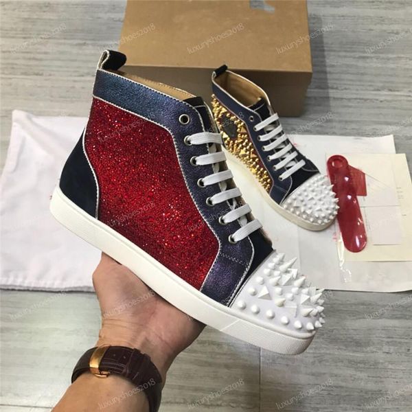 

2019 роскошная red bottom шипованных шипы мужчины женщины повседневная обувь мода insider кроссовки black red white leather high boots