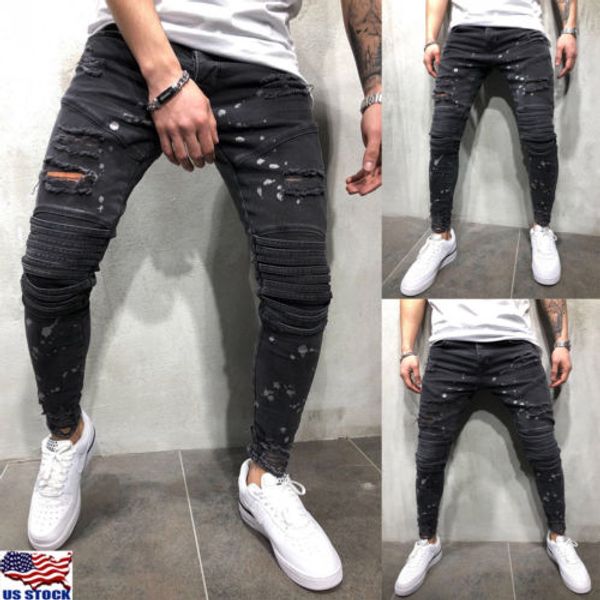 

мужские джинсы брюки тощего ripped мужчины изношенного повседневный slim fit байкер jogger denim брюки мода твердых длинные брюки карандаш м, Black