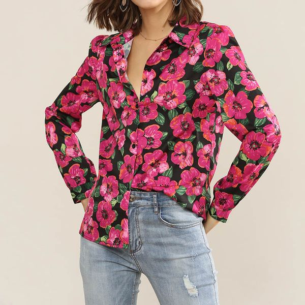 

women's blouses & shirts women slim loose shirt button long sleeve chiffon blouse floral print, White
