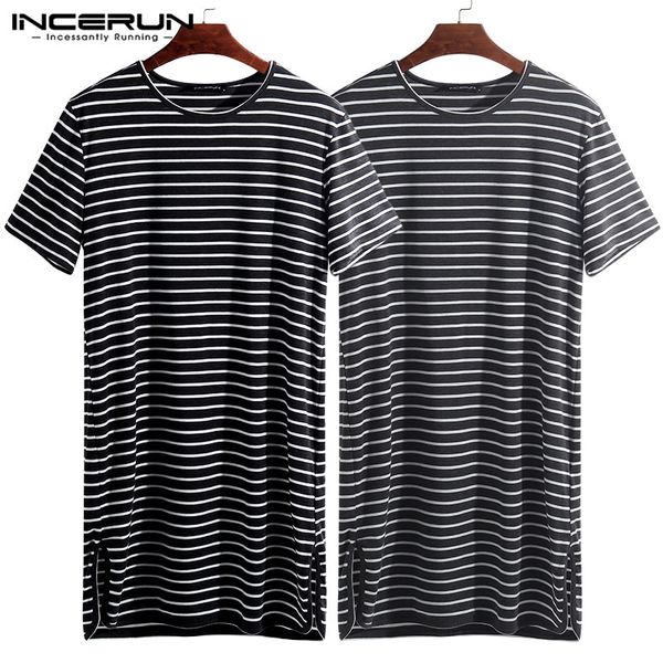 

incerun summer fashion striped men sleep sleepwear loose short sleeve o neck homewear tee leisure men nightwear 2019, Black;brown