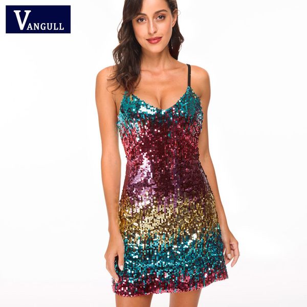 

vangull 2019 summer fashion women's clothing spaghetti strap female dresses gradient sequined sleeveless a-line mini dress, Black;gray