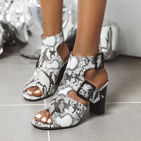 

2020 women's shoes snake grain leather buckle strap sandals female sandals casual slip-on fretwork cut-outs#g3, Black