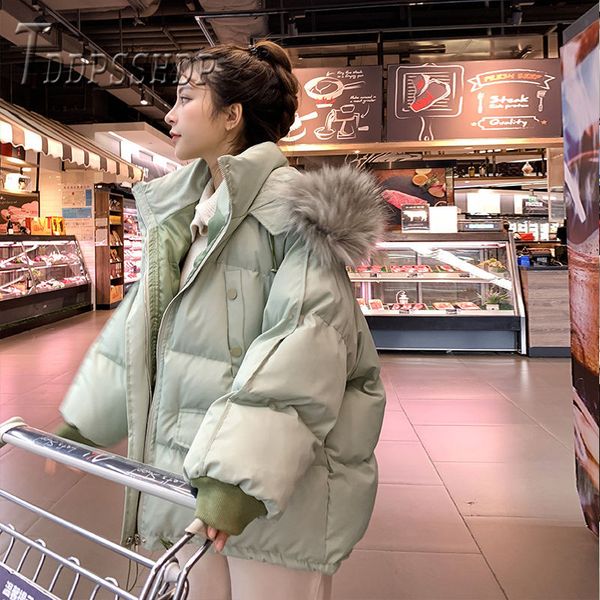 

women fur hood 2019 winter down cotton parkas warm bread style womens jackets coats outerwear, Black