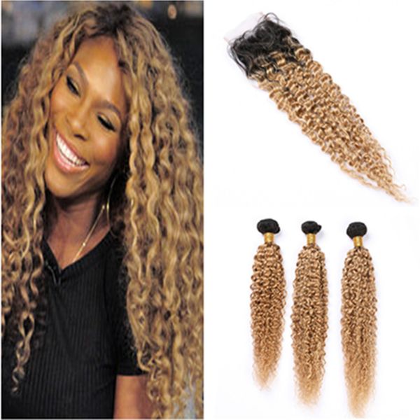 Compre 1b 27 Honey Blonde Ombre Peruana Rizados Mechones De Cabello Humanos Con Raíces De Cierre De Luz De Color Marrón Oscuro Cierre De Encaje