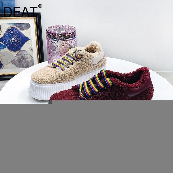 

deat] 2019 round toe bandage lamswool fur mixed colors velvet thick bottom shoes women new autumn winter fashion 10e975, Black