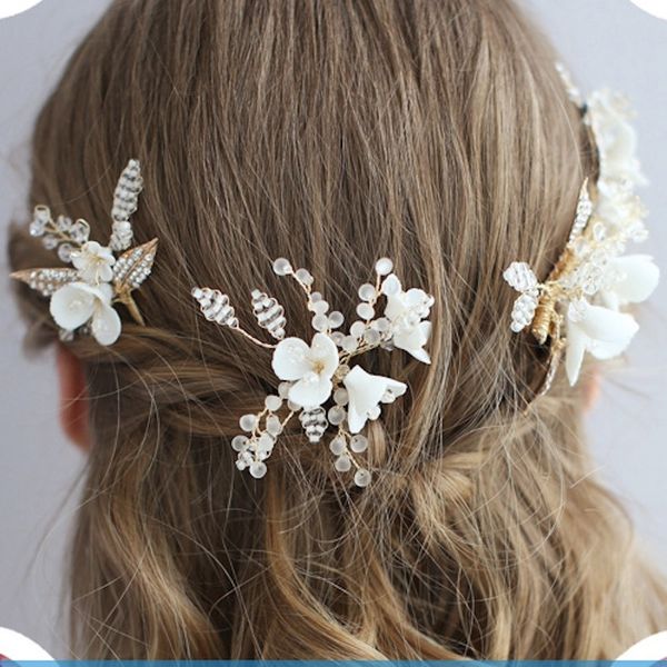 

c172npason 2020 bridal hair decoration ceramic hand hair comb set 2019 european and american popular garland wedding accessories, Golden;white