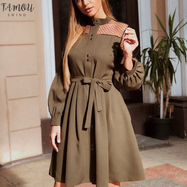 

women lace patchwork a line party dress ladies long puff sleeve stand collar elegant dress 2020 fashion women knee dress, Black;gray