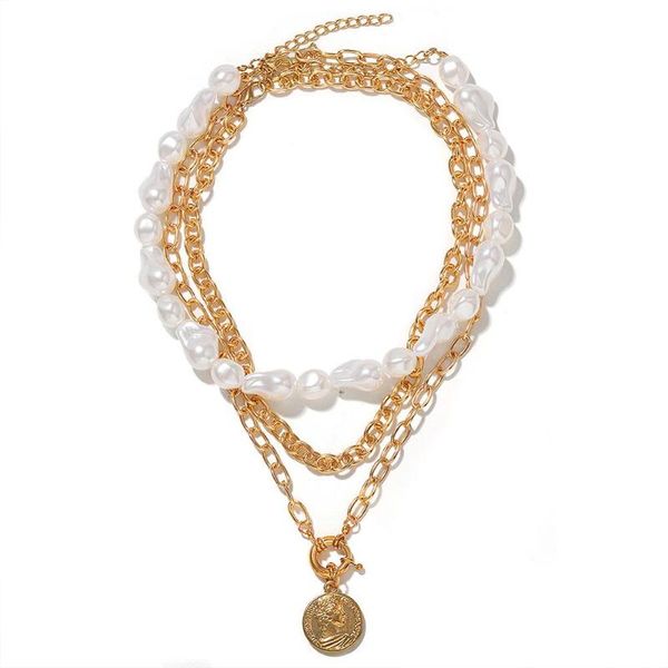 

bk vintage fine jewelry 3 layers link necklace charm irregular pearl resin beads gold link chain bib collar choker fashion gift, Golden;silver