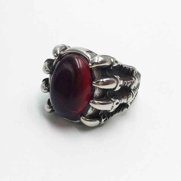 

vintage stainless steel men rings claw with red stone demon death ring for male punk rock jewelry, Silver