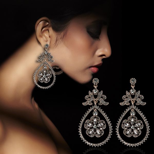 

kinel gray crystal flower bridal earrings for women antique gold beach party water drop drop earrings vintage jewelry, Silver