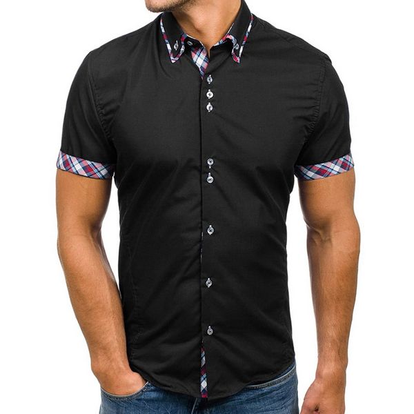 

vogue men shirt fashion casual slim short sleeve dress shirt white plus size solid clothes, White;black