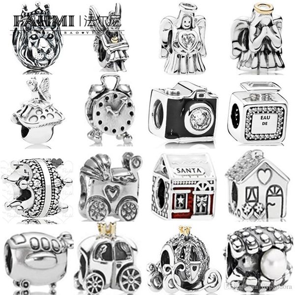 

fahmi 100% 925 sterling silver 1:1 charm baby carriage alarm clock royal carriage pearl bottle bead santa's house enamel angel of love, Black