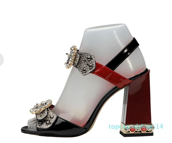 

faux snake skin block heels women sandals rome style ankle strap women pumps studded crystal buckle high heels shoes t14, Black
