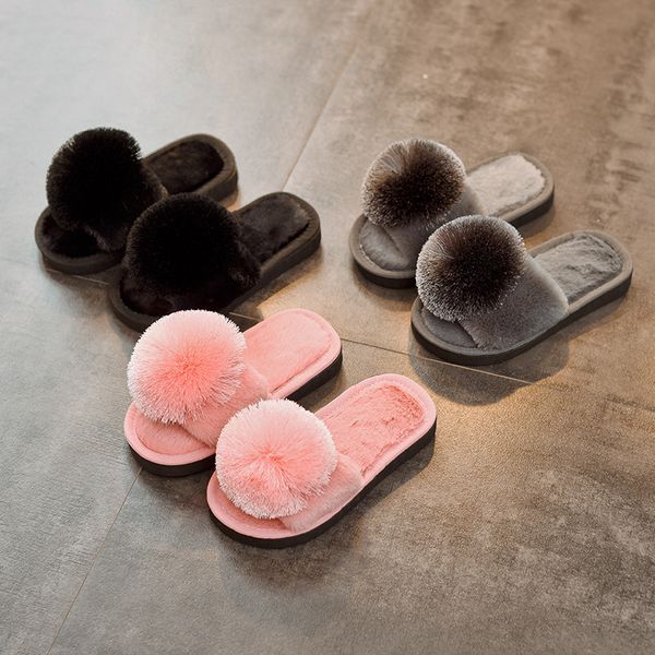 

baby boys girls shoes kids warm slippers cute pompom indoor home children slippers flock soft flat artificial fur girls shoes, Black;grey