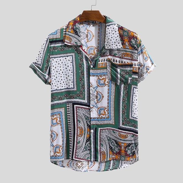 

chemise homme mens vintage ethnic printed turn down collar short sleeve loose casual male shirts streetwear same style, White;black