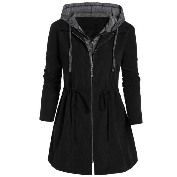 

plus size zipper hooded coat marled panel tunic coat 2019 fall winter casual outwear women high waist slim jackets, Black