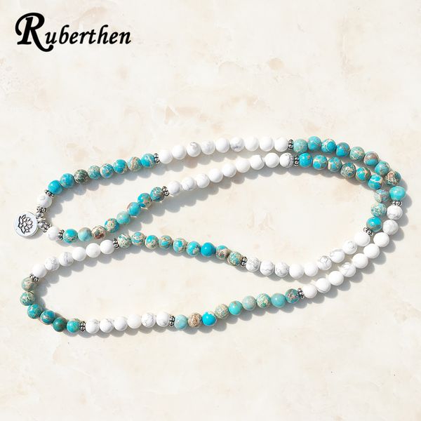 

ruberthen fashion design howlite natural stone 108 beads mala wrap or lotus bracelet y200807, Black