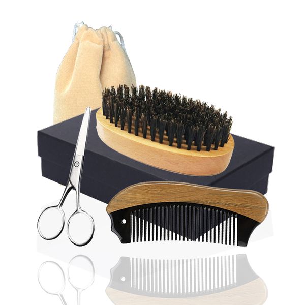 

vintage 5in1 boar bristle beard brush, horn wood comb & scissor box bearded man facial makeup hair care styling grooming trimming company