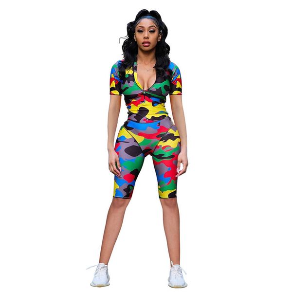 

камуфляж печати sexy глубокий повседневный костюм для подвижных игр v шеи с коротким рукавом короткие комбинезон женский комбинезон streetwe, Black;white