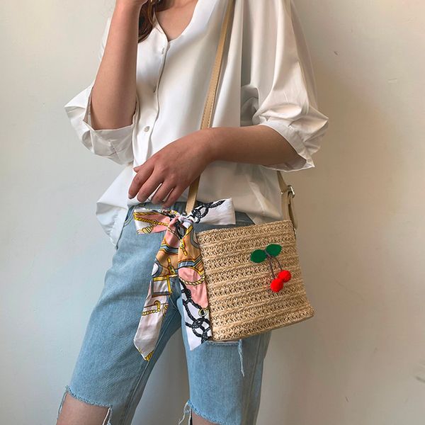 

cherry decoration simple bags straw shells silk scarves women's handbags one shoulder female bags perfect in workmanship #w