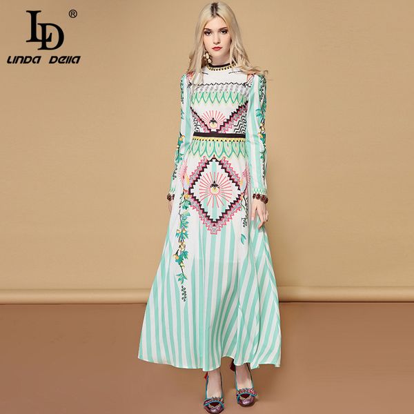 

ld linda della 2019 spring casual vacation long sleeve maxi dress women's charming chiffon printed boho holiday long dress, Black;gray