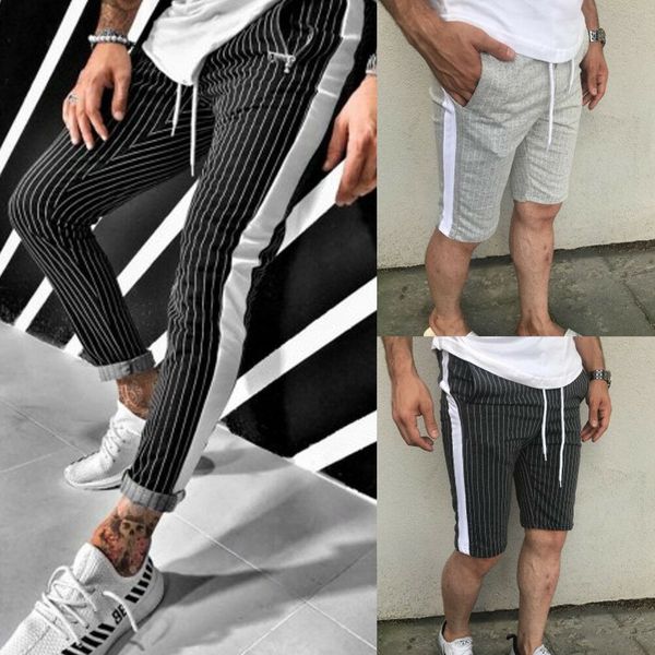 

men pants hipster jogger elastic gym fitness workout track side color strip summer spring casual male sport short, Black