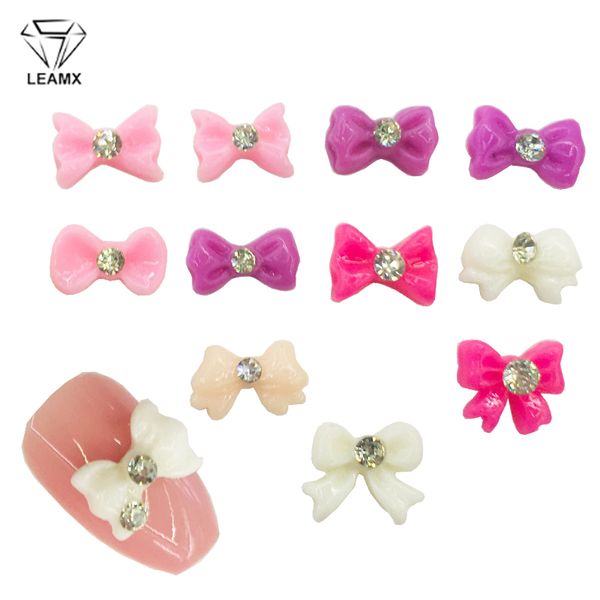 

leamx 50pcs/bag 3d resin bow decoration with rhinestone nail art jewelry acrylic bowknot design nail art decor nails charms l485, Silver;gold