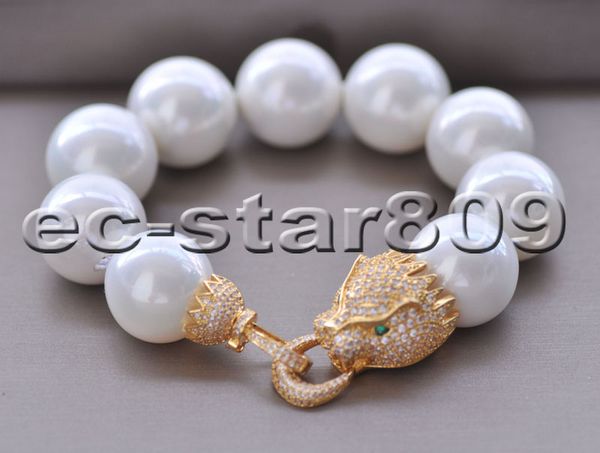 

d0462 huge 8" 20mm round south sea shell pearl bracelet cz cougar, Golden;silver