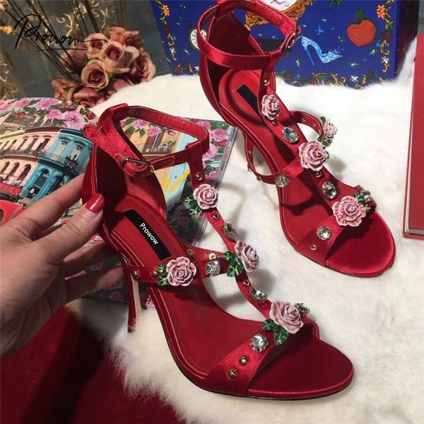 

prowow new style black red silk floral women summer sandals open toe buckle strap thin high heel sandals party shoes woman