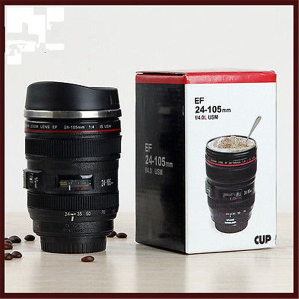 

new lens thermos camera travel coffee tea cup mug lens creative cup stainless steel brushed liner black