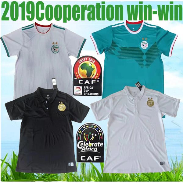 

2 stars 2019 algeria white soccer jerseys 19 20 algerie home afcon mahrez brahimi bounedjah bouazza 2020 algerie black polo football shirt, Black;yellow