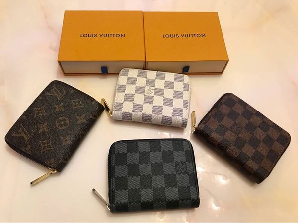 

real leather luxury designers wallet single zipper mens womens wallet fashion short purse with gift box card holders, Brown;gray
