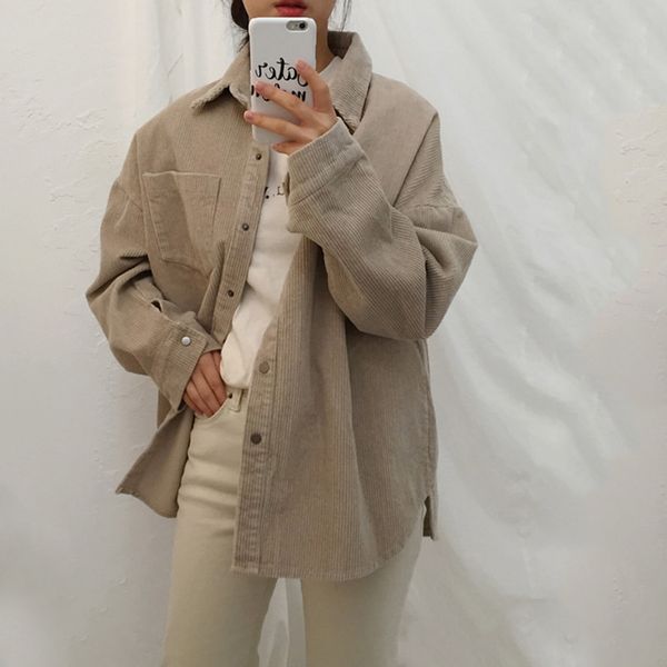 

vintage corduroy women's jacket autumn turn-down long sleeve female coat harajuku pockets loose women jackets casual solid, Black;brown