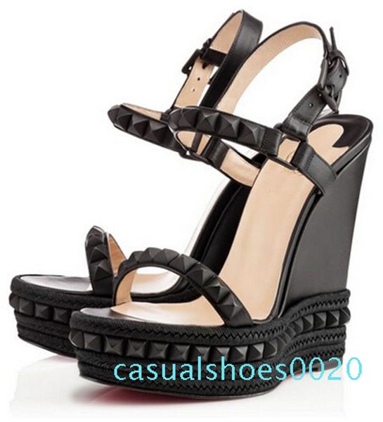

famous ladies red bottom wedge cataclou sandals gold patent leather studded ladies ankle strap women's pumps party dress eu35-42with bo, Black