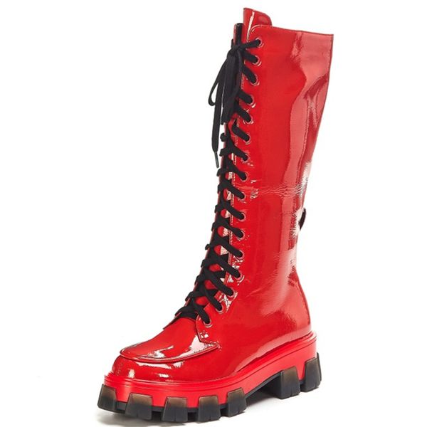 

platform red boots women casual round toe fashion lace up knee high boots women wedge cow leather solid winter shoes sexy, Black