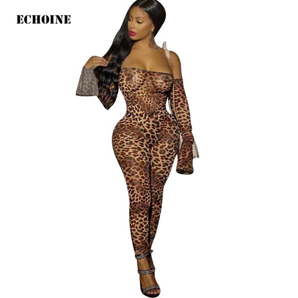

leopard print night club party jumpsuit slash neck off shoulder bodycon rompers long sleeve playsuit female outfits, Black;white
