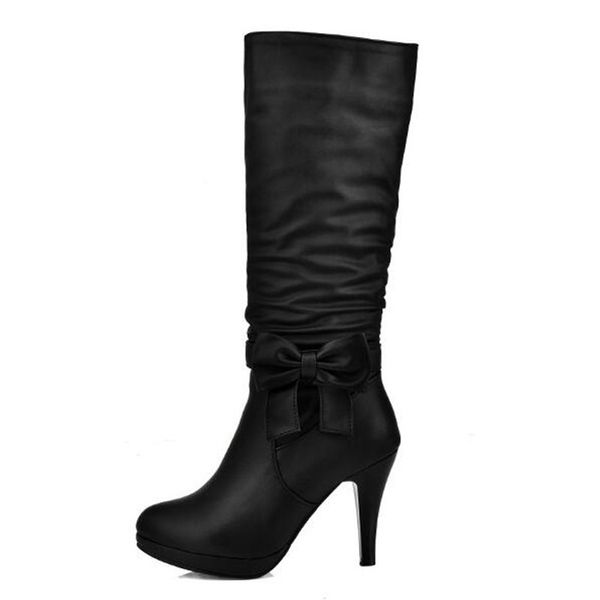 

maziao 2016 плюс размер 34-43 женщины шиповые каблуки круглый носок колено женская обувь женские сапоги черный белый розовый синий y200115, Black