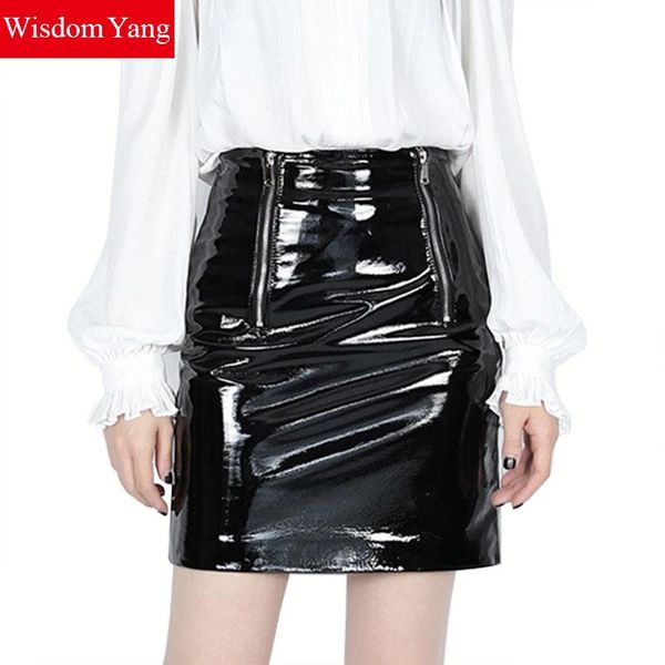 

black real sheepskin genuine leather skirts womens high waisted office ladies bodycon bandage party wrap mini skirts