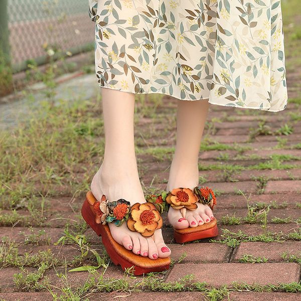 

2019 flip flops beach women slippers platform sandals women hand made genuine leather slippers casual ladies shoes female slides, Black