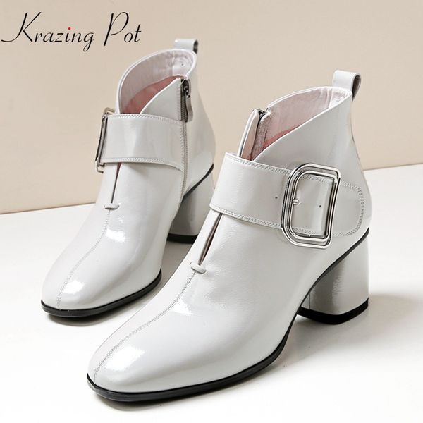 

krazing pot microfiber round toe short boots square buckle high heels streetwear original design ankle boots l2f8, Black