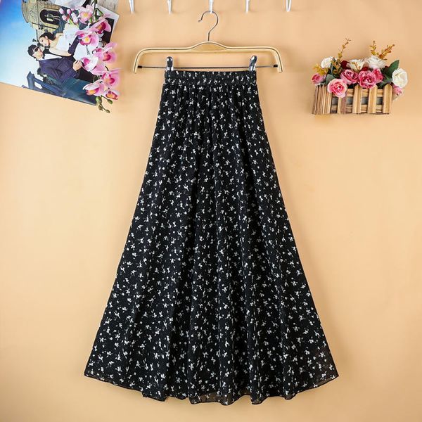 

summer skirts womens elegant faldas chiffon floral high waist long skirt jupe femme saia vintage maxi pleated skirt women q2478, Black