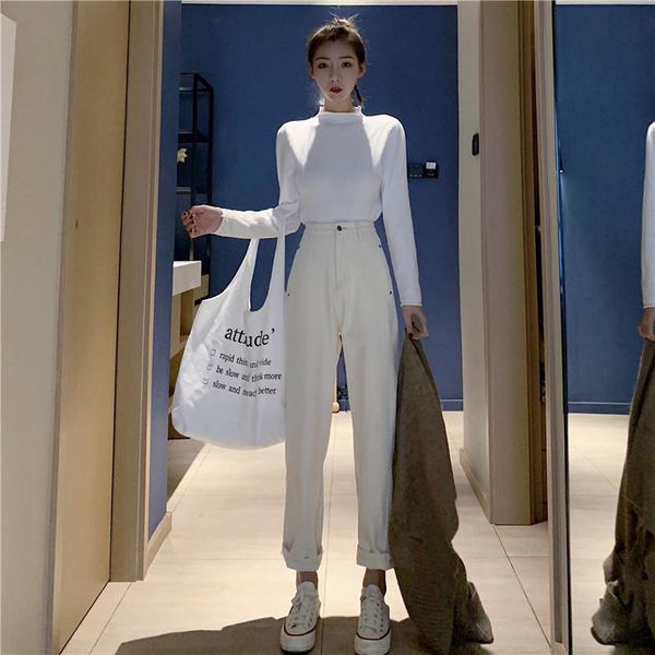 

vintage meters white jeans women cotton high waist harem denim pant female beige loose boyfriend nine ankle jeans streetwear, Blue