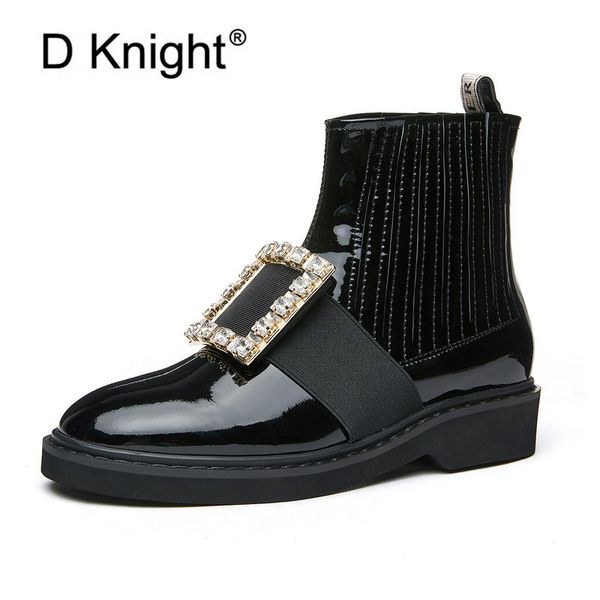

plus size 34-40 women ankle boots punk crystal buckle western boots shoes woman fashion patent leather ladies motorcycle, Black