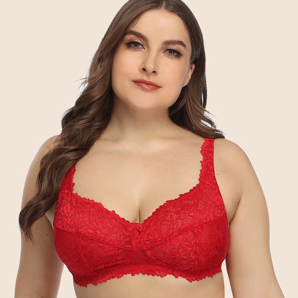 

full cup thin underwear small bra plus size wireless lace women's red bra breast cover 85-100 b c d e f g cup large size lace bras, Red;black